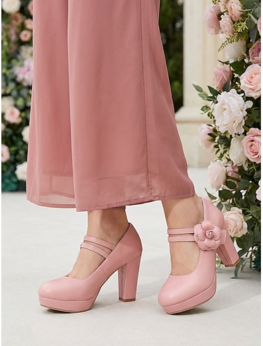  Rosa platåsko med Mary Jane-detaljer til dame, tykke pensko med blokkhæl og blomsterdetaljer til brudens mor, hagebryllup &formelle arrangementer