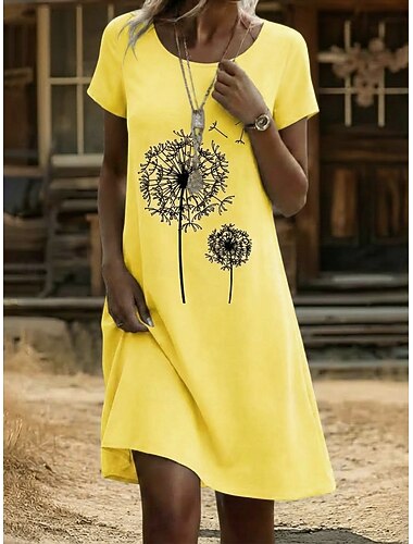  女性用 ミニドレス カジュアルドレス T シャツドレス 花柄ドレス ファッション 近代の 日常 アウトドア バケーション レギュラー グラフィック 幾何学模様 半袖 クルーネック ホワイト イエロー ネイビーブルー グレー 夏 春