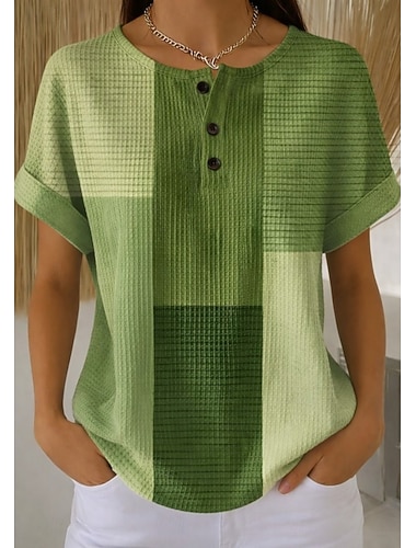  Hauts tricotés texturés Waffle pour femmes t-shirt à bloc de couleur graphique géométrique stylé classique à manches courtes col rond quotidiens sportifs week-end noir et blanc jaune vert arc-en-ciel