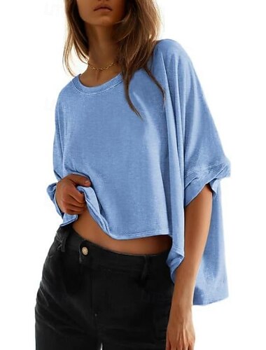  Mulheres Extra Grande Camiseta Camisetas Côr Sólida à moda Casual Manga Curta Manga Morcego Gola Redonda Tops regulares Diário Para Noite Preto Branco Azul Céu Vermelho Rosa Café Verão Primavera