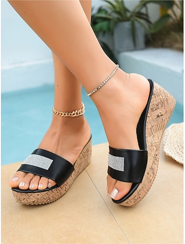  Sandales compensées noires élégantes pour femmes - mules confortables à plateforme en liège ornées de strass étincelants, idéales pour les séjours de luxe à l'hôtel et les soirées au bord de la