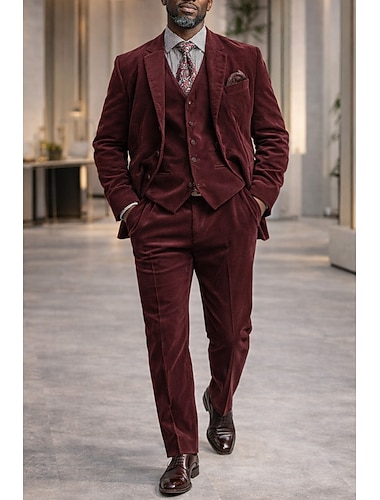 Menn Smokings Kordfløyelsdress Virksomhet Fest Svart Burgunder Høst vinter Dress Hakkjakkeslag Fest Fritid Stripet Skreddersydd 3 deler sett Enkelt Brystet Tre-knapp