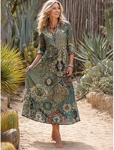  Mulheres Vestido Longo Vestido Boho Vestido antigo Vestido casual Vintage Diário Ao ar livre Praia Ajuste Largo Floral Gráfico Manga Longa Decote V Verde Verão Primavera Outono