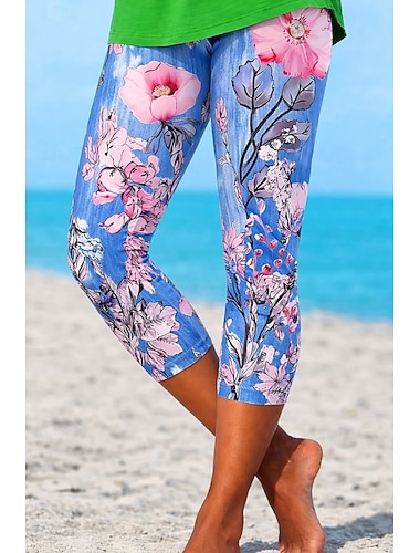  Dame Capri-bukser Leggings Ferie Mote Hawaiisk Capris Medium Midje Blomstret Grafisk Printer Komfort Myk Pustende Elastisk Avslappet Daglig Feriereise Blå Sommer Vår Slank Fasong