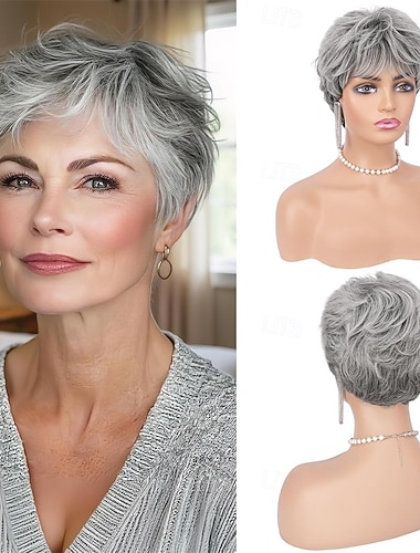  Grå pixieparykker for kvinner - kort naturlig lagdelt hårklipp syntetisk varmebestandig hårparykk til hverdagskostymer grå blandet svart