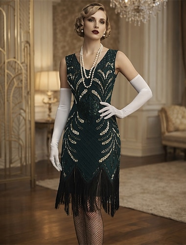  Setti Möly 20s 1920-luku Polvipituinen Mekot Mekko Asut lisävarusteiden kanssa Hihaton Suuri Gatsby charleston Pluskoko Tupsu V kaula-aukko Naamiaispuku Naisten Karnevaali Uusi vuosi Naamiaiset