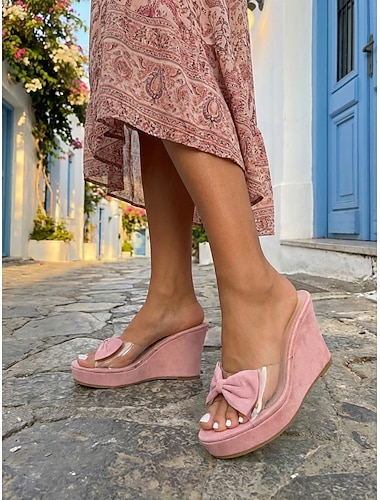  Dames sandalen met sleehak in een levendige rode kleur - elegante platform slippers met transparante band. &Strikdetail voor zomervakanties en strandresorts &tropische buitenuitjes