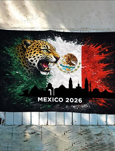  Mexiko-Flagge 2026 – mit wildem Jaguar, Nationalemblem, Stadtsilhouette, dynamischem Farbspritzer-Design, strapazierfähig