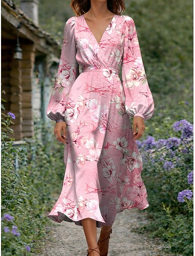  Per donna Abito Midi Abito aderente e svasato Casual Abiti semi formali Ufficio Data Vestibilità regolare Floreale Grafico Manica Lunga Scollo a V Blu Rosa Viola Verde Estate Primavera