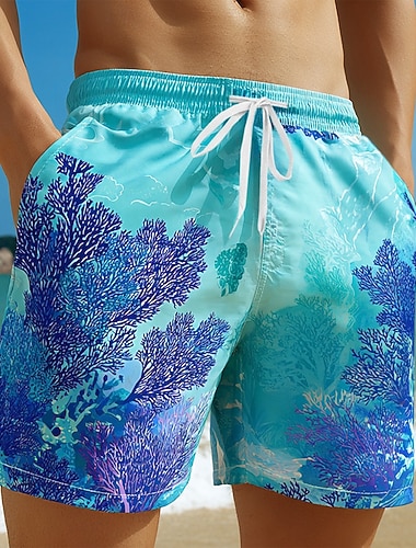  Herre Korall Vannplanter Badeshorts Surfeshorts Medium Midje Hawaiisk Strandferie Sidelommer Mesh fôr Elastisk snøring i midjen Designer Klær