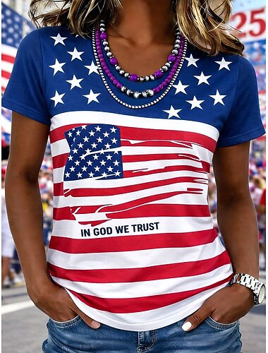  Giorno dell'Indipendenza Americana Per donna Maglietta Stampato Grafico Lettera Bandiera Americana Elegante Classico Casual Manica Corta Girocollo Top lunghi Quotidiano Indaco Rosso / blu Estate