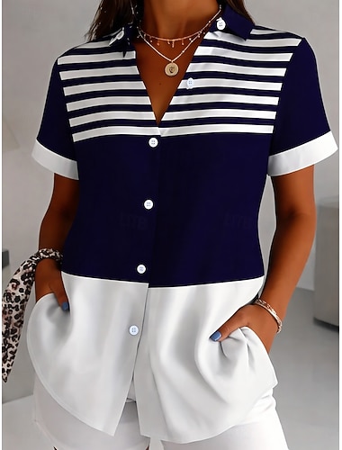  Mulheres Camisa Social Gráfico Geométrica Vintage Diário à moda Manga Curta Colarinho de Camisa Tops longos Diário Laranja Azul Escuro Azul Claro Verão Primavera