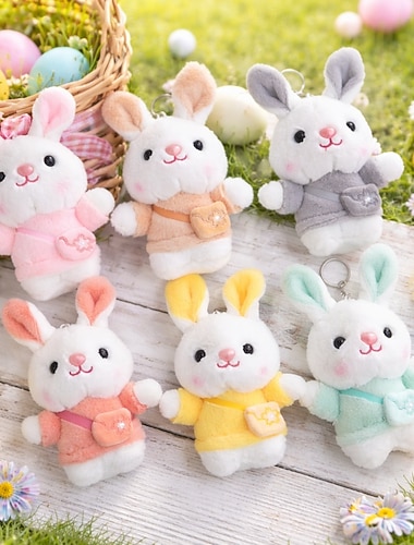  Pääsiäiskorien täytettävät minipehmopupun avaimenperät, söpöt pehmolelupun reppureput salkulla, lasten juhlalahjat, pääsiäismunajahtipalkinnot, luokkahuonepalkinnot, eri värejä