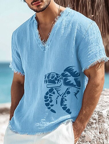  T-shirt homme en lin et coton mélangés, imprimé tortues marines, col V, bords francs, style bord de mer, idéal pour les vacances d'été à la plage. Coupe douce et tendance, tailles S à 3XL.