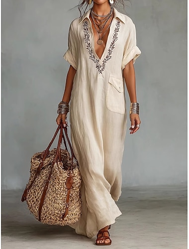  Dame Maxikjole Imitert bomullslin Uformell kjole T skjortekjole Elegant Mote Moderne Daglig utendørs Feriereise Normal Løstsittende Blomstret Kortermet V-hals Aprikos Sommer Vår