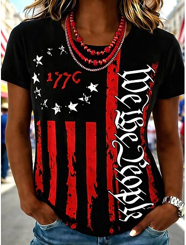  Amerikaanse onafhankelijkheidsdag Dames T-shirt Afdrukken Grafisch Brief Amerikaanse vlag Stijlvol Klassiek Casual Korte mouw Strakke ronde hals Normale tops Dagelijks blauw Zwart Zomer Lente