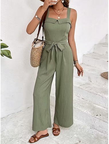  Dámské Běžný Kombinéza Aktivní Pevná barva Bez rukávů Široké nohavice Hranatý Opásaný Volná záda Denní Dovolená Běžný Vodní modrá Trávová zelená Léto