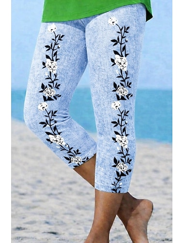  Dame Capri-bukser Leggings Ferie Mote Hawaiisk Kalv lengde Medium Midje Blomstret Grafisk Printer Trykt mønster Myk Pustende Mikroelastisk Avslappet Daglig Feriereise Blå Sommer Vår Slank Fasong