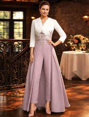  Todelt Buksedrakt Ankellengde Kjole til brudens mor 3/4 ermer V-hals Elegant Fest Formell Bryllupsgjest Krepp Blonder med Appliqué Fargeblokk