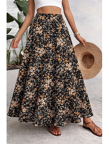  Damen Urlaubsrock Elegant Mode Lässig Maxi Hohe Taille Röcke Blumen Grafik Tasche Druck Unelastisch Täglich Urlaub Blau Grün Khaki Sommer 95 % Polyester, 5 % Elastan