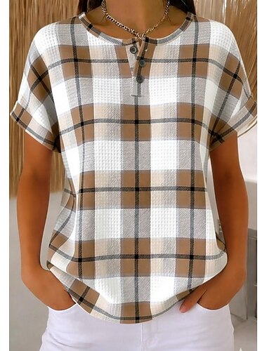  Maglietta Waffle da donna maglie a maglia testurizzata color block grafica geometrica astratta elegante classica manica corta girocollo standard casual fine settimana marrone chiaro khaki arcobaleno