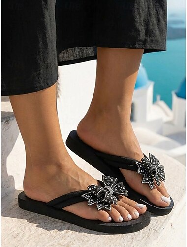  Chique zwarte teenslippers met strik voor dames - sprankelende platte sandalen met strass-strik voor eilandvakanties en strandvakanties op Santorini. &zomerkleding voor in het resort