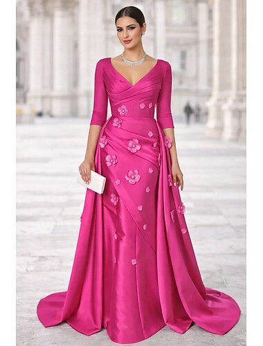  Ligne A Traîne Balayage Longueur au sol Robe de Soirée Robe de bal avec surjupe Élégant Scintillant Floral Demi Manches Col en V Bal de promo Soirée Robe Rose Satin avec Fleur brodée Fente Appliques