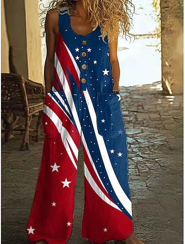  Damen-Overall zum Unabhängigkeitstag, ärmellos, mit weitem Bein, Rundhalsausschnitt und Patchwork-Muster, locker geschnitten, blau, Sommer.
