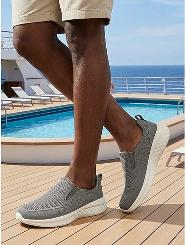  Grå slip-on strikkede sneakers til menn – lette fritidssko til øy- og cruisebruk, pustende reise- og feriesko