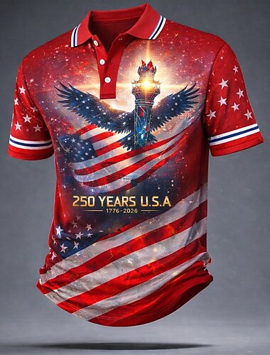  4 juillet 2026, 250e anniversaire Homme Drapeau Américain Polo Manche Courte Polos Revers Occasionnel Athleisure Tenue quotidienne Tenue de fête Impression 3D Boutons Été Printemps Bleu Rouge Gris