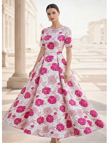  A-linje Golvlång Bröllopsgästklänning Blommig klänning Kvälls klänningar Elegant Vintage Blommig Kortärmad Båthals Trädgårdsfest Bröllop Ficka Jacquard med Blomtryck Plisserat