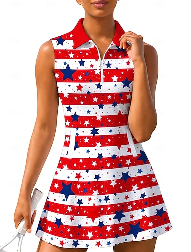  Amerikas 250-årsjubileum Uavhengighetsdagen Dame Geometrisk Nasjonalflagg Tenniskjole Sportskjole Ermeløs Trykt mønster Pustende Volleyball Tennis Golf Polokrage Glidelåskrage Kjoler Marineblå Hvit