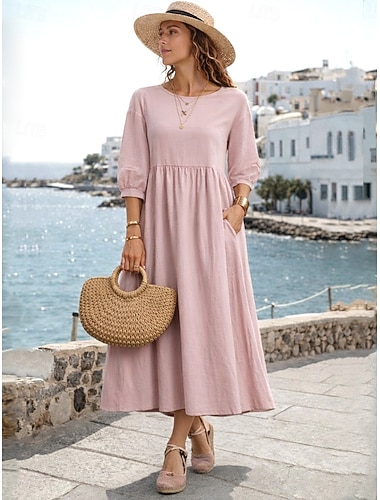  Damen Midikleid Kunstbaumwollleinen A Linie Kleid Lässig Täglich Normale Passform Einfach Dreiviertelarm Rundhalsausschnitt Blau Weiß Hellgrün Rosa Sommer Frühling Herbst