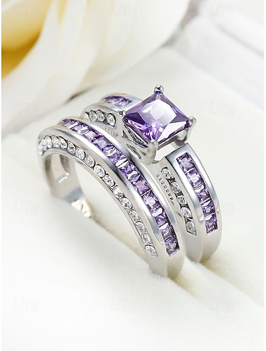  Damesringenset, koper met zirkonia, veelkleurig, elegante bijpassende ringen voor bruiloften, feesten en formele gelegenheden, perfecte bruids- of avondsieraden