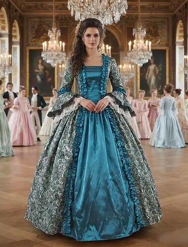  Rococo Victoriaans Renaissance Tot de grond Jurken Feestkostuum Gemaskerd Bal Grote maten Normaal Pof / ballon Flare manchet mouw Prinses Kant Toile Wijnoogst Baljurk Vierkante hals Kostuum Dames