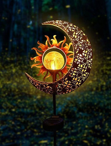  Luzes solares decorativas para jardim, para uso externo. &Luminária de mesa com cúpula de vidro craquelado em formato de lua, feita de metal, à prova d'água, com luz LED branca quente, ideal para