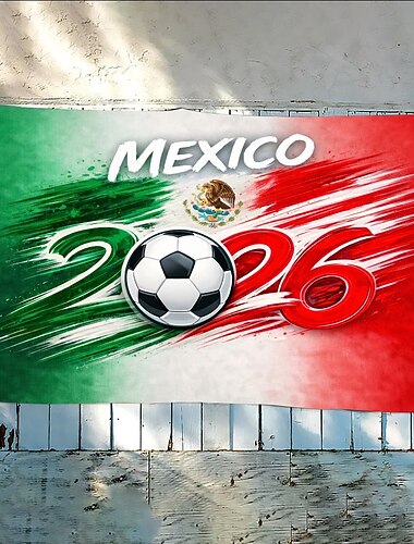  Mexiko-Flagge 2026 – leuchtendes Grün, Weiß &Rotes Pinselstrichmuster mit Fußball, Nationalemblem, strapazierfähiges Material