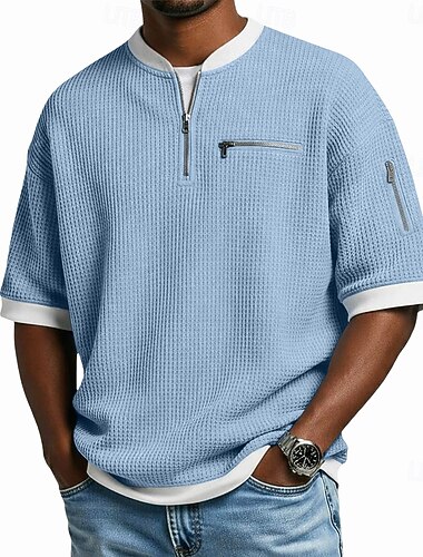  Herren Waffel T-Shirt T-Shirt Kurzarm Zur Seite fahren Halber Reißverschluss Sommer Einfarbig Mode Designer Bequem Patchwork Farbblock Reißverschlusstasche Lässig Täglich Outdoor Hellblau Schwarz