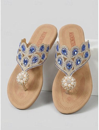  Tongs bohèmes pour femmes ornées de bijoux - élégant cristal bleu royal &Sandales plates à bride en T ornées de perles, idéales pour les vacances au bord de la piscine et les escapades à la plage.