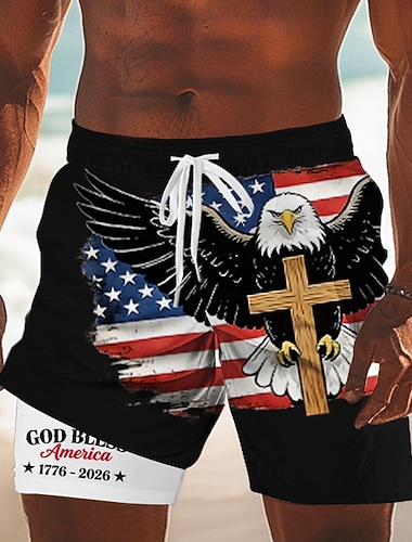 Herren 250. Jahrestag des Unabhängigkeitstages der USA am 4. Juli Adler US Flagge Gefütterte Shorts 2 in 1 Badeshorts Badeshorts Mittlere Taille Patriotisch Ferien Seitentaschen Mit
