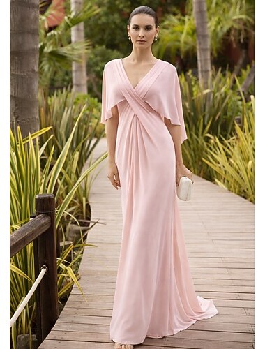  A-Linie Kleid Bodenlang Partykleid Cocktailkleid Brautmutterkleid Kurzarm V Ausschnitt Elegant Vintage Formell Hochzeitsgast Ferien Chiffon mit Gerafft Applikationen Blume