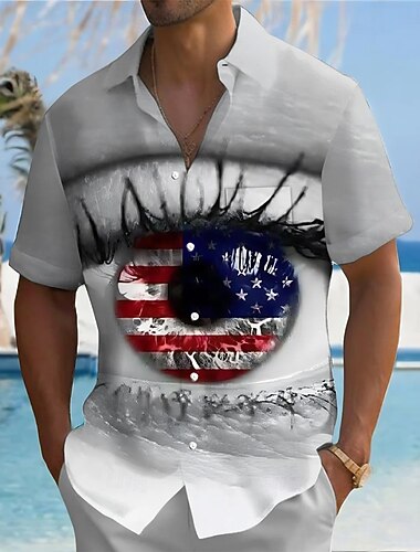  Homme 4 juillet, 250e anniversaire des États-Unis Gros yeux Drapeau américain Chemise Chemise d'été Chemise Boutonnée Manche Courte Patriotique Extérieur Fête Été Printemps Col Rabattu Impression 3D