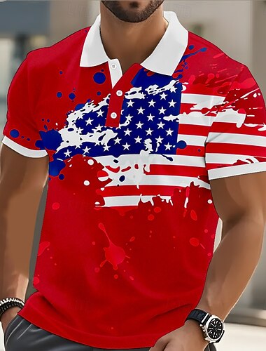  4 ביולי 2026, ה-250 בגדי ריקוד גברים דגל אמריקה חולצות פולו שרוולים קצרים חולצות פולו חולצות עם צווארון יום יומי בגדי ספורט ומנוחה כפתורים אביב קיץ פול לבן אודם