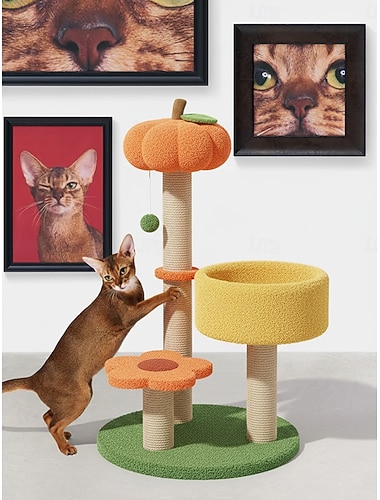  kloretre, 29,5" gresskarblomst kattetårn kattungeblomst kattungebol med sisalstolpe, koselig fluffy katteleilighet 3 søyler kattungeklatretre for innendørsaktiviteter