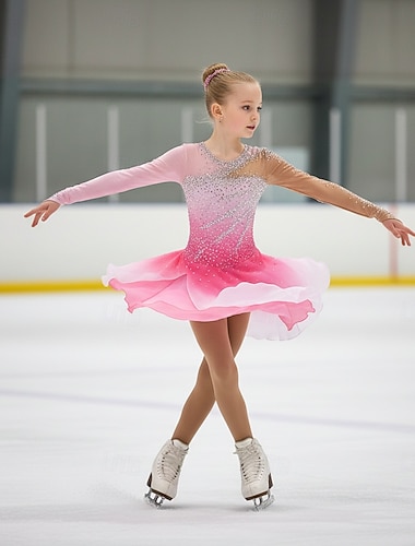  Kjole til kunstløp Jente Skøyteløp Kjoler Rosa Lapper Asymetrisk kant Elastisk Trening Konkurranse Skøyteklær Klassisk Krystall / Rhinstein Langermet Skøyting Kunstløp