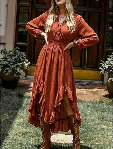  Damen Midikleid Boho-Kleid Westernkleid Mode Modern Outdoor Urlaub Ferien Normale Passform Einfach Langarm V Ausschnitt Orange Sommer