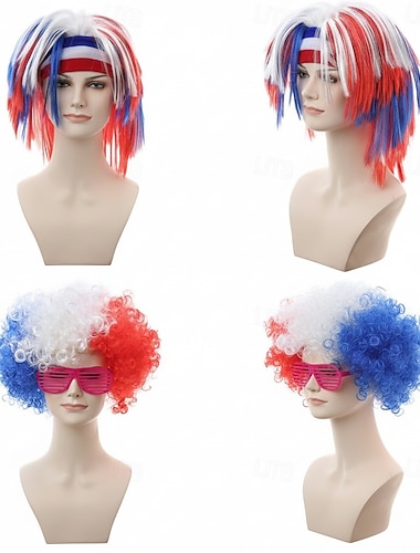  Perruque patriotique rouge, blanche et bleue pour le 4 juillet - Costume pour la fête de l'indépendance américaine