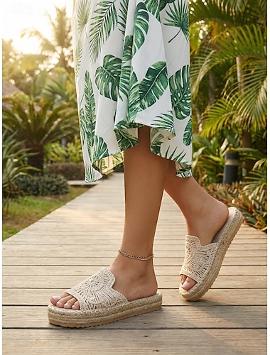  Ciabatte con plateau da donna in stile boho beige all'uncinetto - comodi sandali espadrillas intrecciati con ricami traforati per resort all'aperto e giardini tropicali &vacanze estive