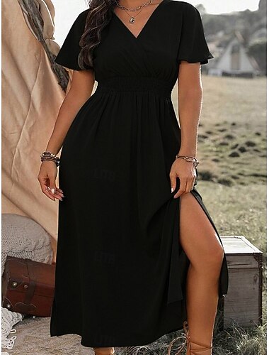 Femmes Robe Midi Robe de Soirée Robe Décontractée Robe de Cocktail Élégant Mode Moderne Extérieur Vacances Sortir Coupe régulière Uni Manche Courte Col en V Noir Rouge Bordeaux bleu marine Vert Ét