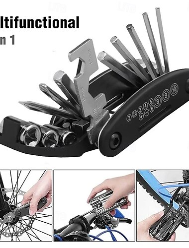  Kit de ferramentas portátil 16 em 1 para reparo de bicicletas, incluindo chave hexagonal, chave de fenda para pneus e motocicletas.